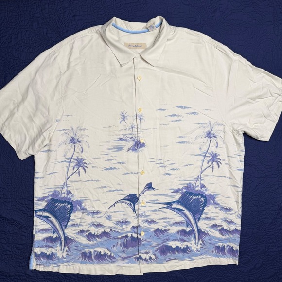 Tommy Bahama Other - Tommy Bahama Mens 2XB Ivory Silk Cotton Marlin Tropical Hawaiian Fish Shirt Read